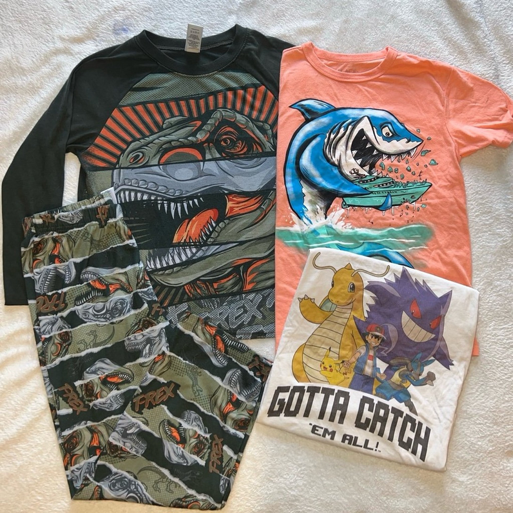 Boys size 7 PJs and graphic tees